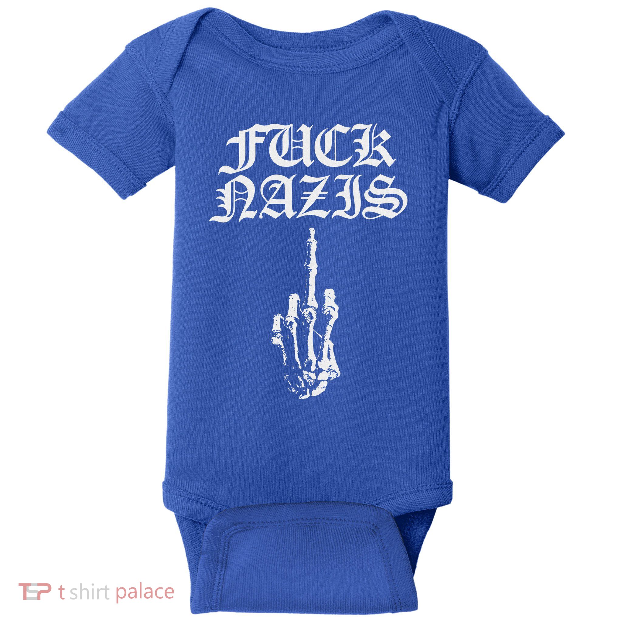 Fuck Nazis Funny Skeleton Hand Middle Finger Baby Bodysuit