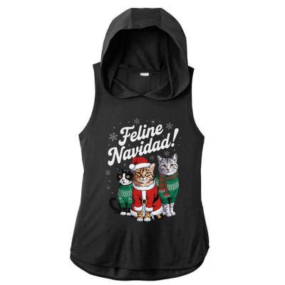 Feline Navidad Funny Cat Christmas Holiday Xmas Santa Hat Ladies PosiCharge Tri-Blend Wicking Draft Hoodie Tank