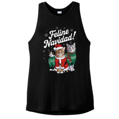 Feline Navidad Funny Cat Christmas Holiday Xmas Santa Hat Ladies PosiCharge Tri-Blend Wicking Tank