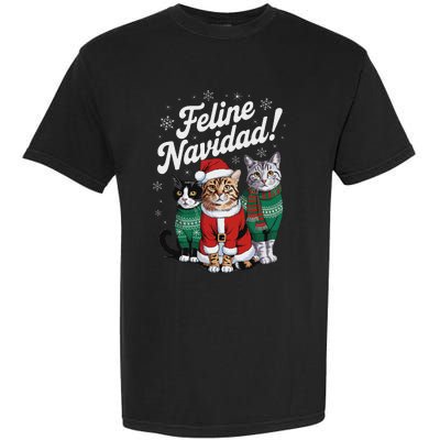 Feline Navidad Funny Cat Christmas Holiday Xmas Santa Hat Garment-Dyed Heavyweight T-Shirt