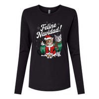 Feline Navidad Funny Cat Christmas Holiday Xmas Santa Hat Womens Cotton Relaxed Long Sleeve T-Shirt