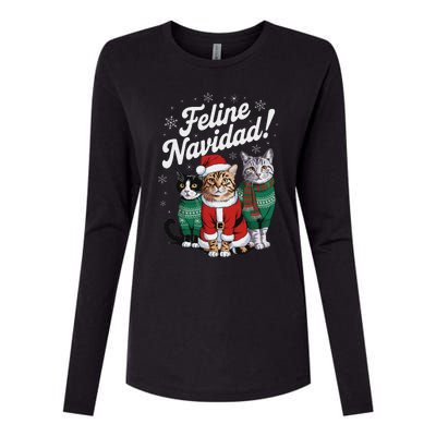 Feline Navidad Funny Cat Christmas Holiday Xmas Santa Hat Womens Cotton Relaxed Long Sleeve T-Shirt