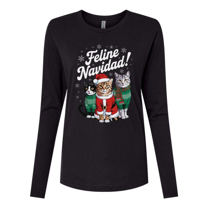 Feline Navidad Funny Cat Christmas Holiday Xmas Santa Hat Womens Cotton Relaxed Long Sleeve T-Shirt