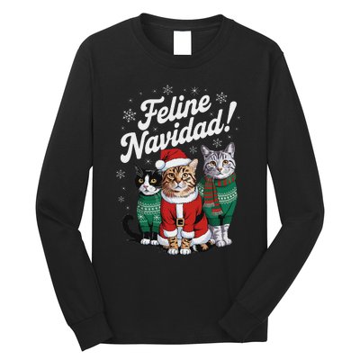 Feline Navidad Funny Cat Christmas Holiday Xmas Santa Hat Long Sleeve Shirt