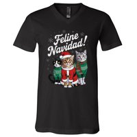 Feline Navidad Funny Cat Christmas Holiday Xmas Santa Hat V-Neck T-Shirt