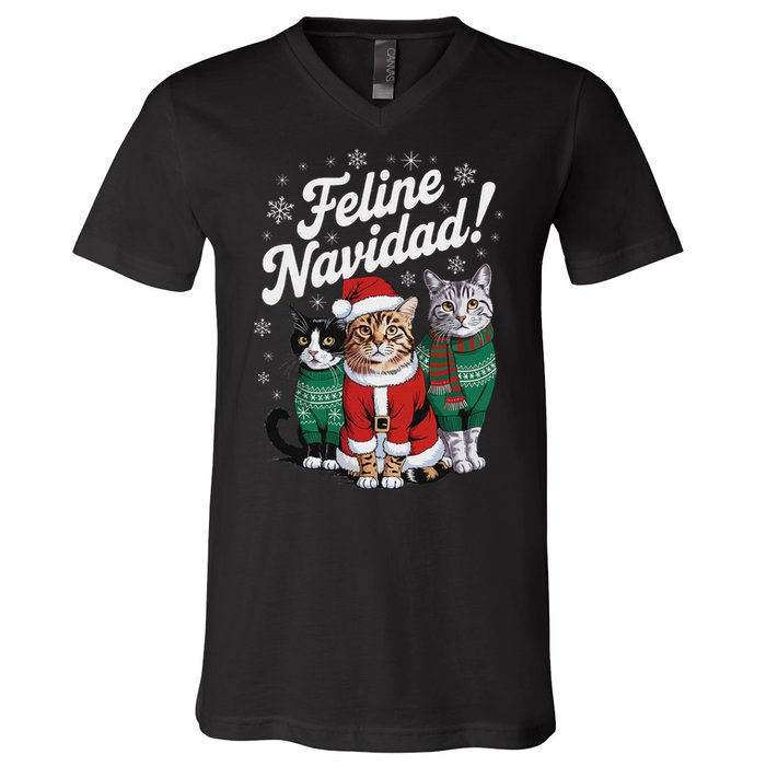 Feline Navidad Funny Cat Christmas Holiday Xmas Santa Hat V-Neck T-Shirt