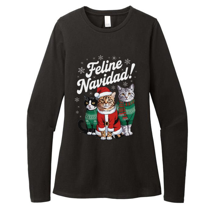 Feline Navidad Funny Cat Christmas Holiday Xmas Santa Hat Womens CVC Long Sleeve Shirt