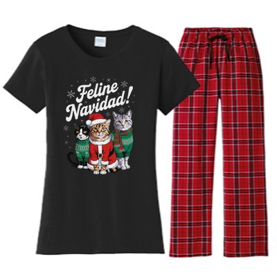 Feline Navidad Funny Cat Christmas Holiday Xmas Santa Hat Women's Flannel Pajama Set