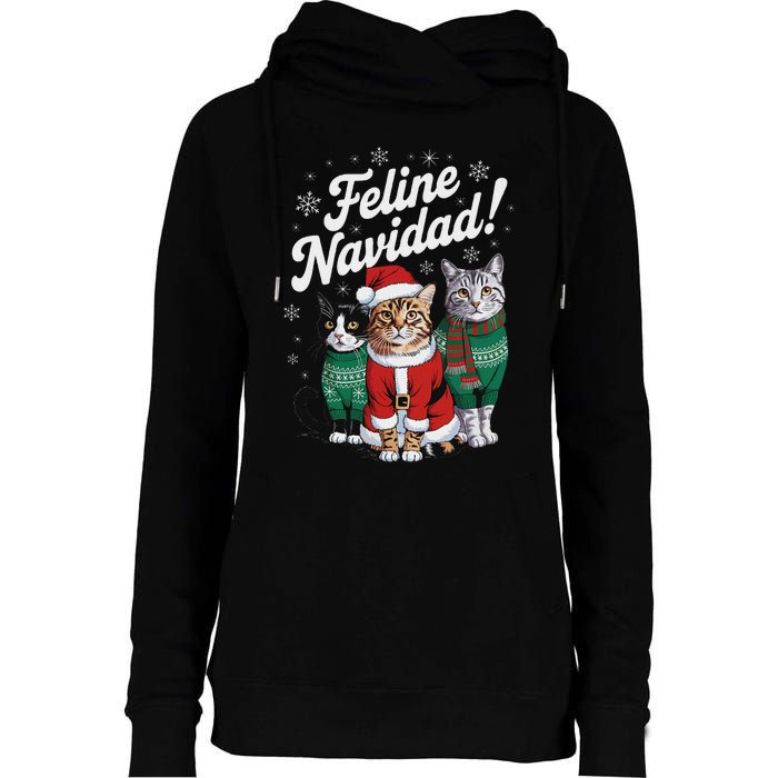 Feline Navidad Funny Cat Christmas Holiday Xmas Santa Hat Womens Funnel Neck Pullover Hood