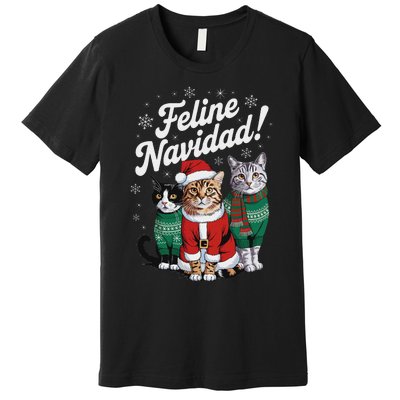 Feline Navidad Funny Cat Christmas Holiday Xmas Santa Hat Premium T-Shirt