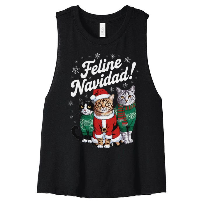 Feline Navidad Funny Cat Christmas Holiday Xmas Santa Hat Women's Racerback Cropped Tank