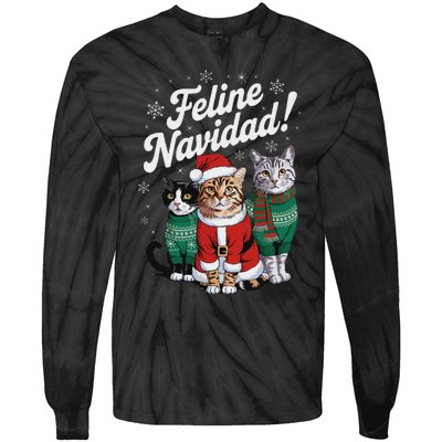 Feline Navidad Funny Cat Christmas Holiday Xmas Santa Hat Tie-Dye Long Sleeve Shirt