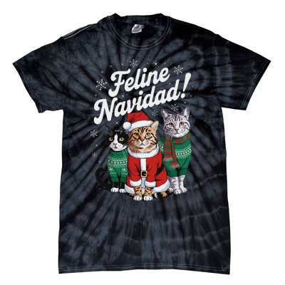 Feline Navidad Funny Cat Christmas Holiday Xmas Santa Hat Tie-Dye T-Shirt