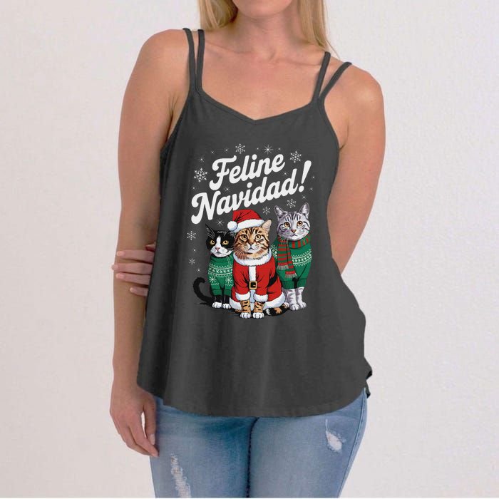 Feline Navidad Funny Cat Christmas Holiday Xmas Santa Hat Women's Strappy Tank