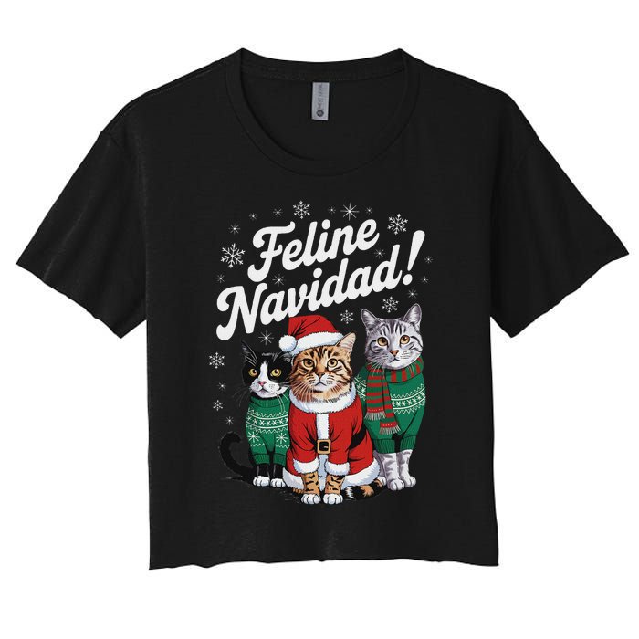 Feline Navidad Funny Cat Christmas Holiday Xmas Santa Hat Women's Crop Top Tee