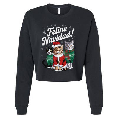 Feline Navidad Funny Cat Christmas Holiday Xmas Santa Hat Cropped Pullover Crew