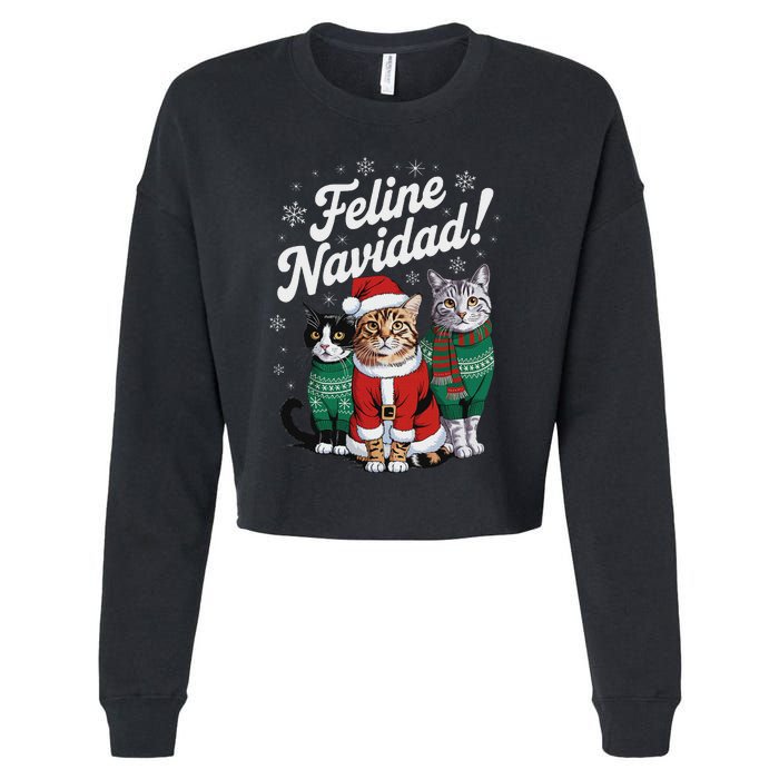 Feline Navidad Funny Cat Christmas Holiday Xmas Santa Hat Cropped Pullover Crew