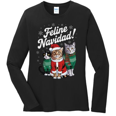 Feline Navidad Funny Cat Christmas Holiday Xmas Santa Hat Ladies Long Sleeve Shirt