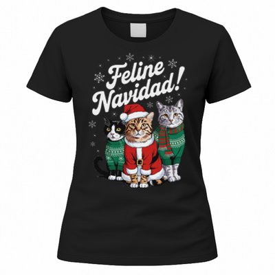 Feline Navidad Funny Cat Christmas Holiday Xmas Santa Hat Women's T-Shirt