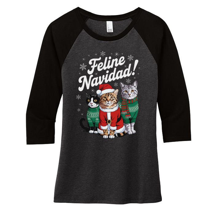 Feline Navidad Funny Cat Christmas Holiday Xmas Santa Hat Women's Tri-Blend 3/4-Sleeve Raglan Shirt