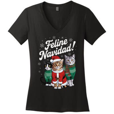 Feline Navidad Funny Cat Christmas Holiday Xmas Santa Hat Women's V-Neck T-Shirt