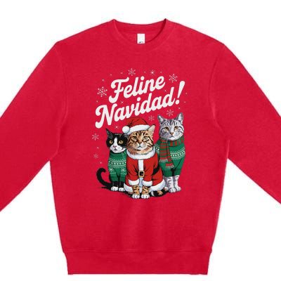 Feline Navidad Funny Cat Christmas Holiday Xmas Santa Hat Premium Crewneck Sweatshirt