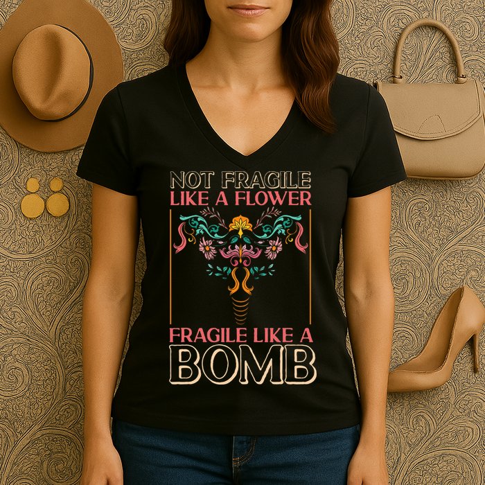 Feminist Not Fragile Like A Flower Fragile Like A Bomb Women's V-Neck T-Shirt