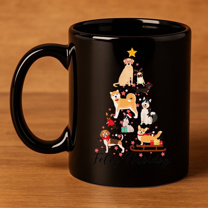 Feliz Navidog Funny Christmas Tree Lights Dog Lovers Gifts 11oz C Handle Ceramic Mug