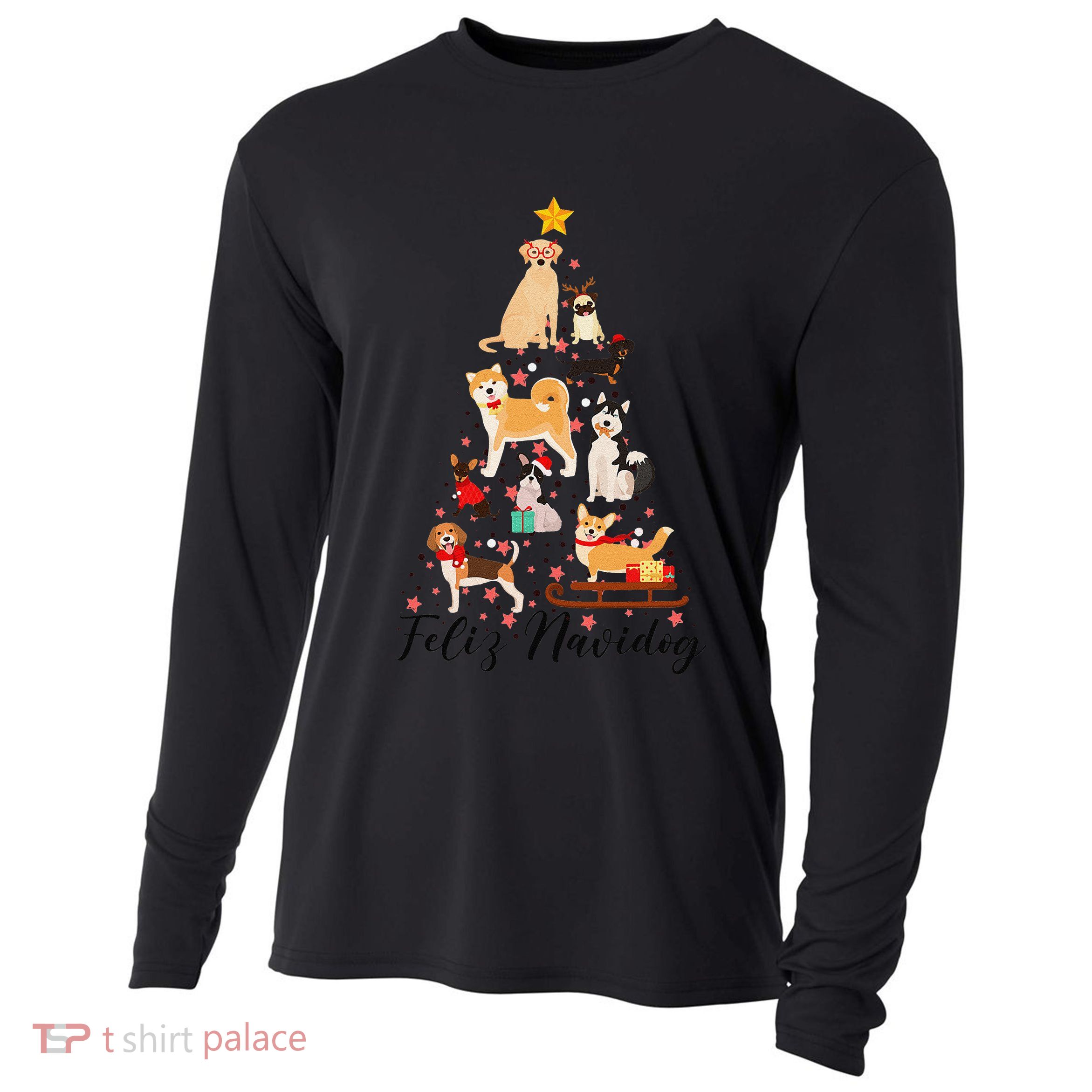 Feliz Navidog Funny Christmas Tree Lights Dog Lovers Gifts Cooling Performance Long Sleeve Crew