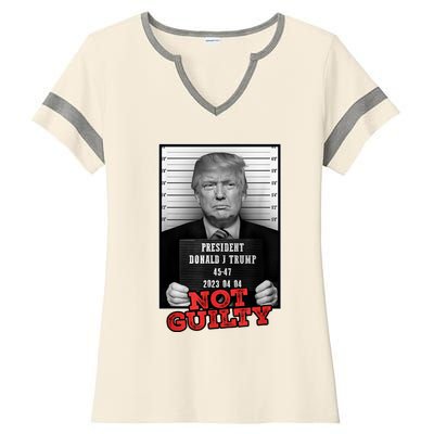 Funny Not Guilty Donald Trump Mug Shot Ladies Halftime Notch Neck Tee