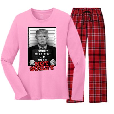 Funny Not Guilty Donald Trump Mug Shot Women's Long Sleeve Flannel Pajama Set 