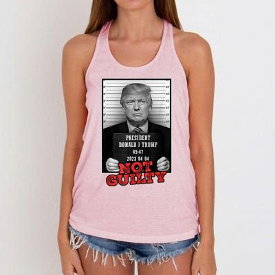 Funny Not Guilty Donald Trump Mug Shot Women's Knotted Racerback Tank