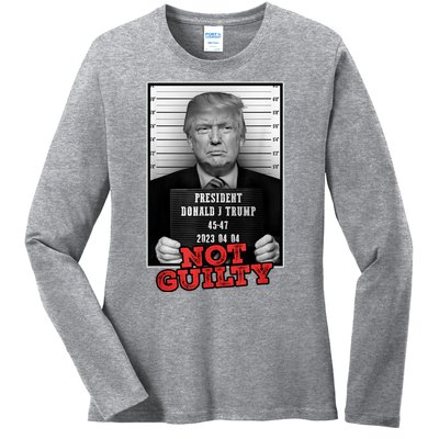 Funny Not Guilty Donald Trump Mug Shot Ladies Long Sleeve Shirt