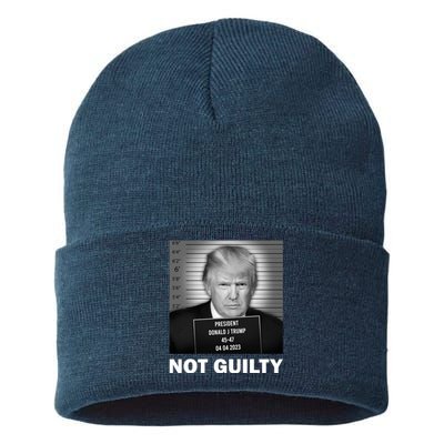 Funny Not Guilty Trump Mug Shot Sustainable Knit Beanie