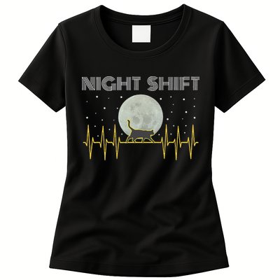 Funny Nurses Gifts Night Shift Nurse Cool Full Moon EKG Cat Womens T-Shirt