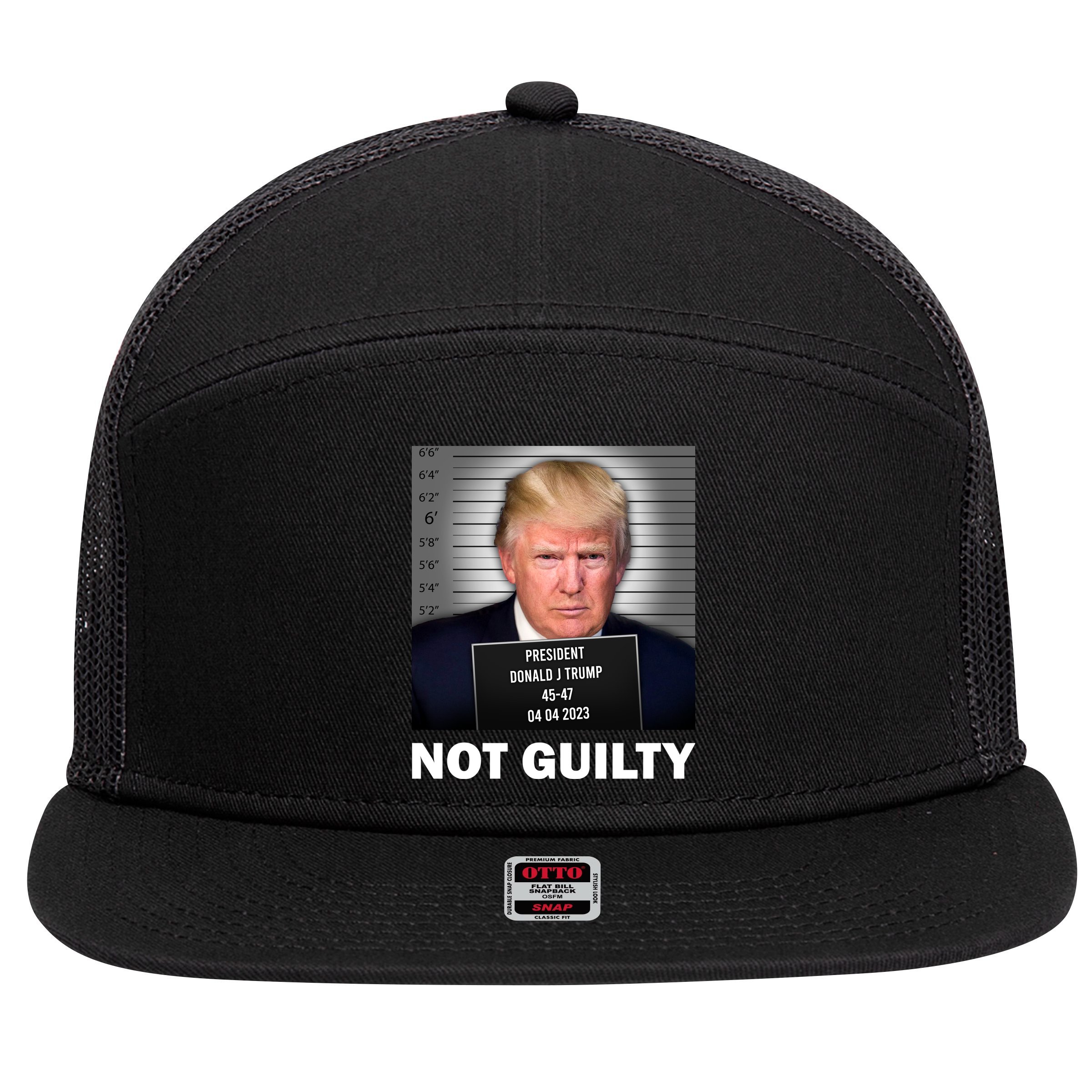 Funny Not Guilty Donald Trump Mug Shot 7 Panel Mesh Trucker Snapback Hat