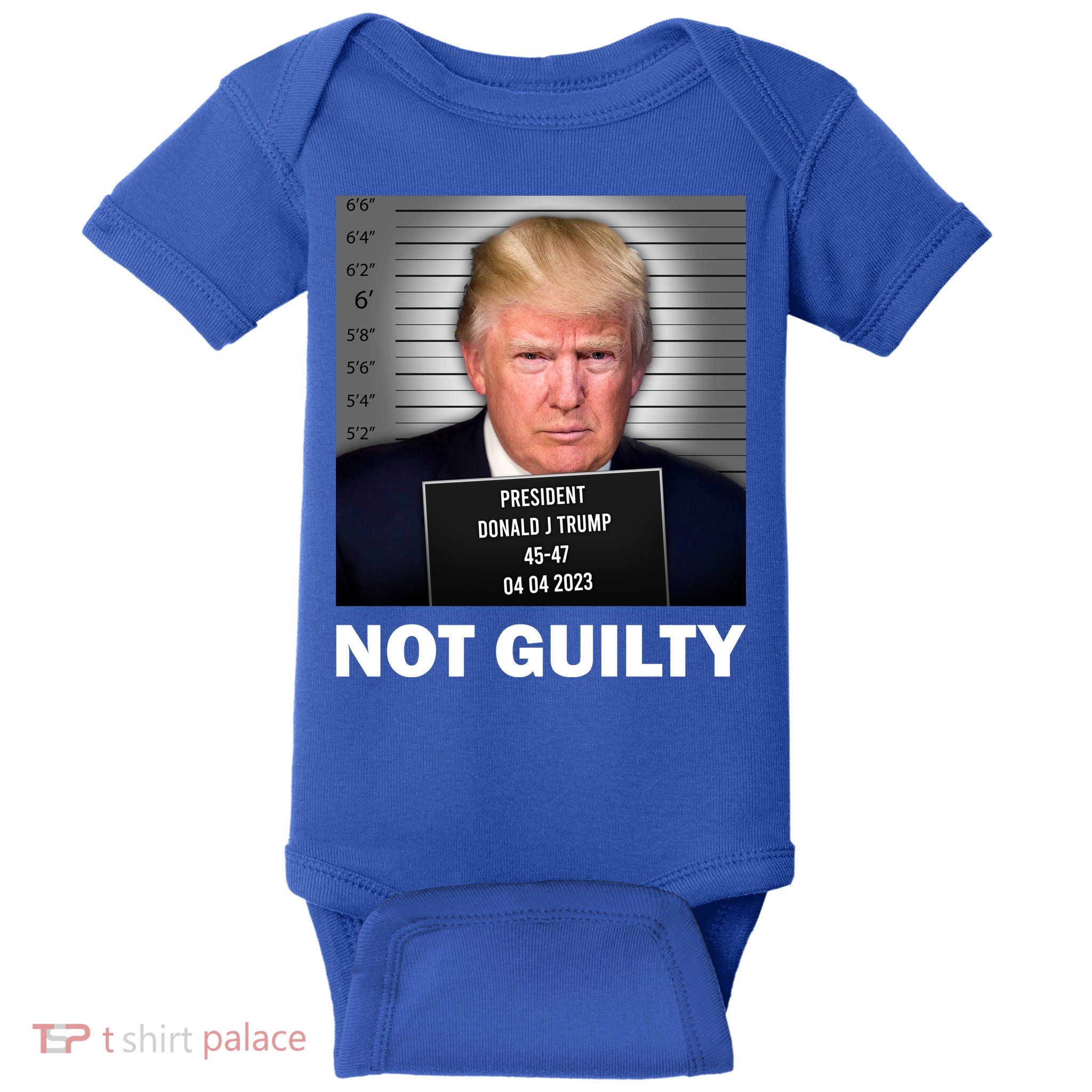 Funny Not Guilty Donald Trump Mug Shot Baby Bodysuit
