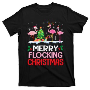 Flamingo Noel Hats Dancing On Snow Merry Flocking Christmas T-Shirt