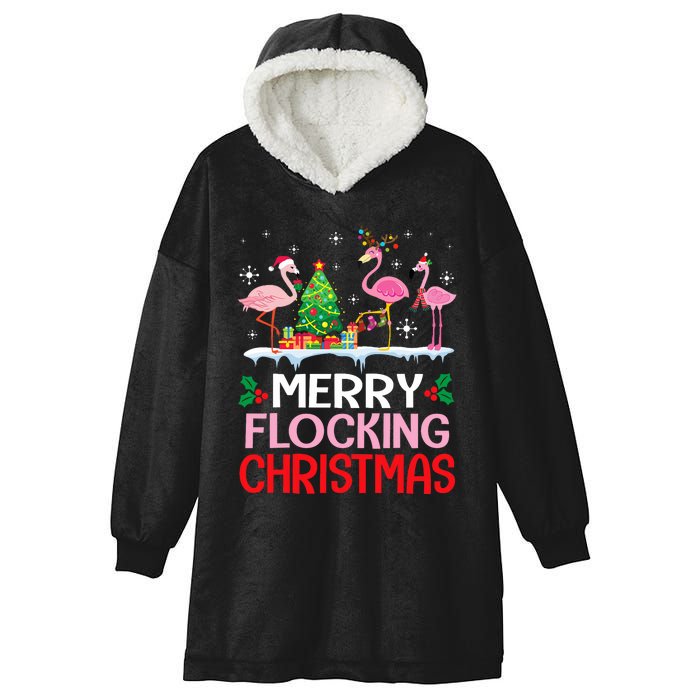 Flamingo Noel Hats Dancing On Snow Merry Flocking Christmas Hooded Wearable Blanket