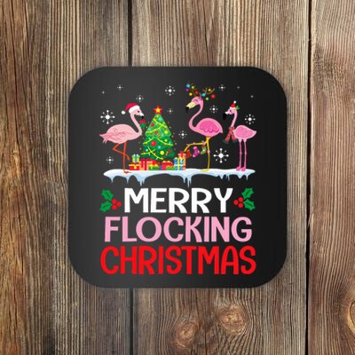 Flamingo Noel Hats Dancing On Snow Merry Flocking Christmas Coaster