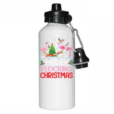 Flamingo Noel Hats Dancing On Snow Merry Flocking Christmas Aluminum Water Bottle