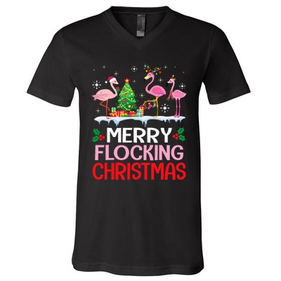 Flamingo Noel Hats Dancing On Snow Merry Flocking Christmas Flamingo Noel V-Neck T-Shirt