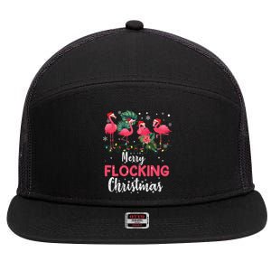 Flamingo Noel Hats Dancing On Snow Merry Flocking Christmas Gift 7 Panel Mesh Trucker Snapback Hat