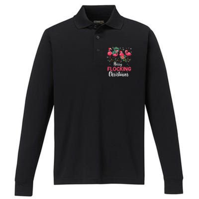 Flamingo Noel Hats Dancing On Snow Merry Flocking Christmas Gift Performance Long Sleeve Polo