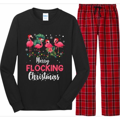 Flamingo Noel Hats Dancing On Snow Merry Flocking Christmas Gift Long Sleeve Pajama Set