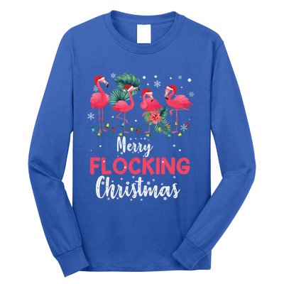 Flamingo Noel Hats Dancing On Snow Merry Flocking Christmas Gift Long Sleeve Shirt