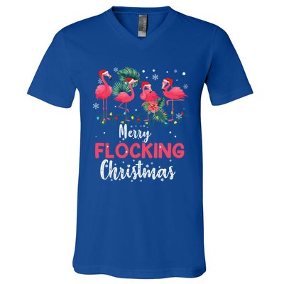 Flamingo Noel Hats Dancing On Snow Merry Flocking Christmas Gift V-Neck T-Shirt