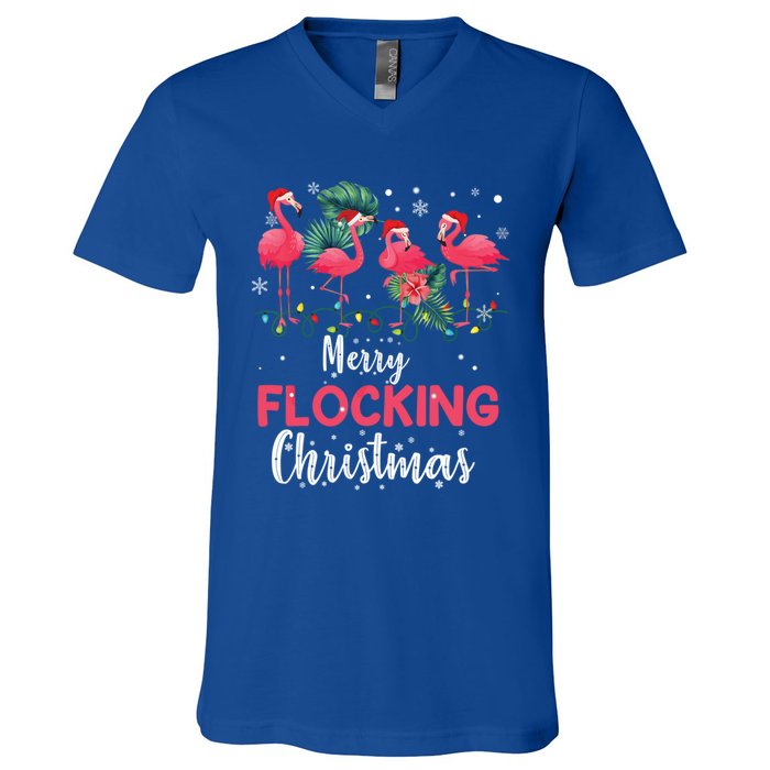 Flamingo Noel Hats Dancing On Snow Merry Flocking Christmas Gift V-Neck T-Shirt