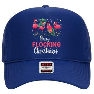 Flamingo Noel Hats Dancing On Snow Merry Flocking Christmas Gift High Crown Mesh Back Trucker Hat