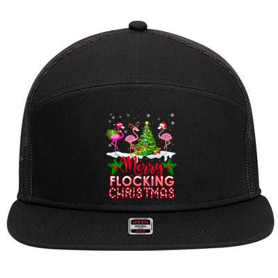 Flamingo Noel Hats Dancing On Snow Merry Flocking Christmas Gift 7 Panel Mesh Trucker Snapback Hat